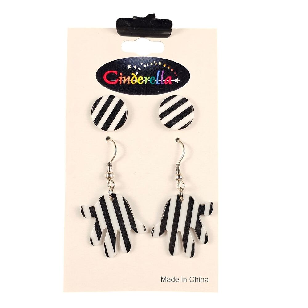 Black White Striped Hand Dangle & Stud Earrings Set Acrylic 2 pair Cinderella